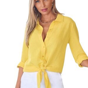 Boston Proper Long Sleeve Linen Blend Button Down Shirt Yellow Size Medium Tie